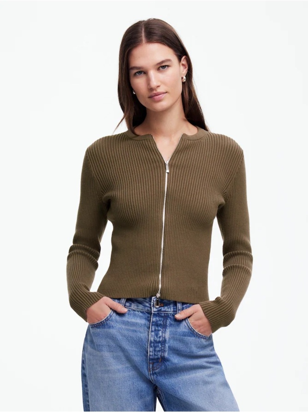 Madewell Olive Ribbed Zip-Front Cotton Cardigan